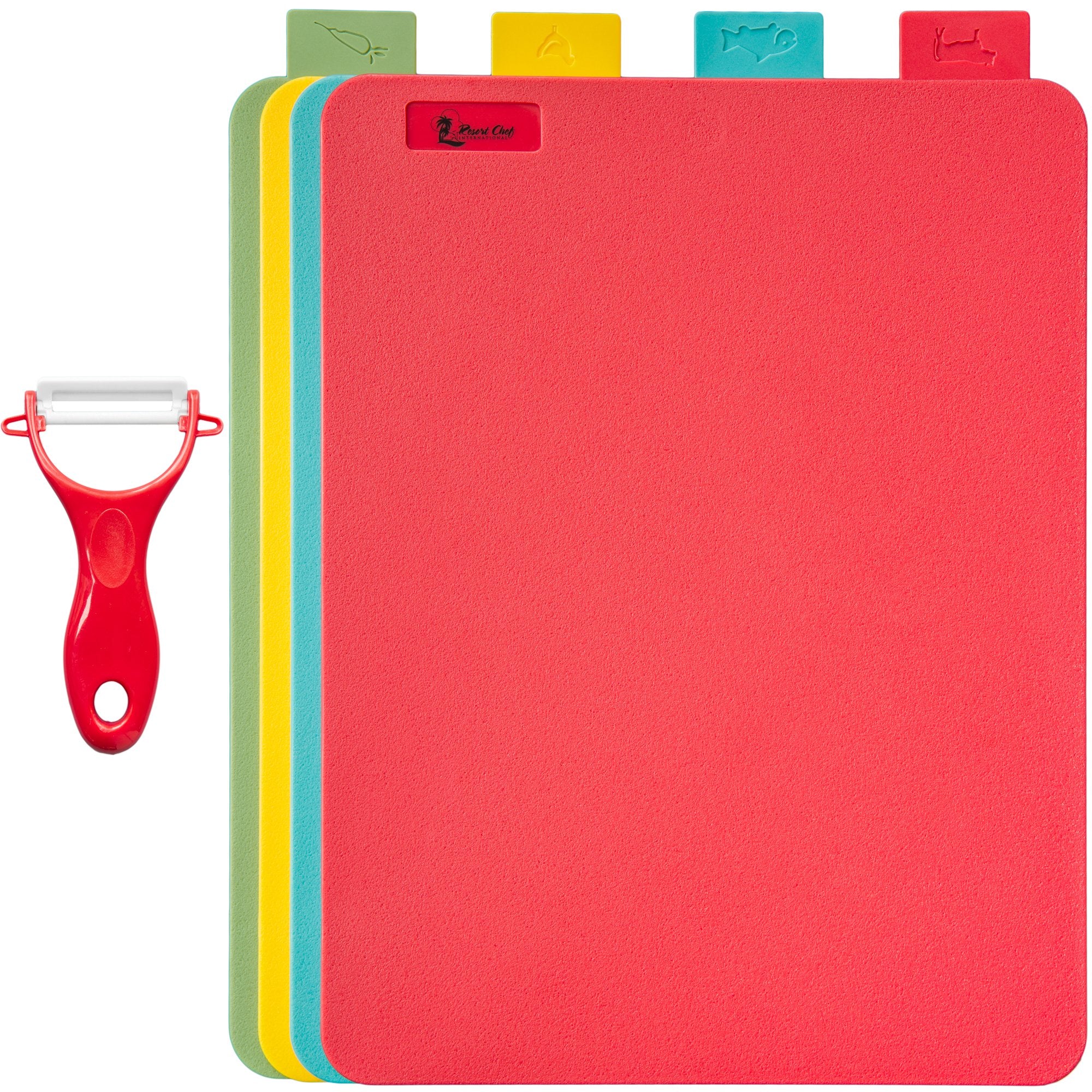 Resort Chef Vibrant Kitchen Cutting Board Set - 4 Non-Porous, BPA-Free, Dishwasher-Safe Reversible Plastic Boards with Easy-Grip Food Icon Tabs. Includes Ceramic Knife & Non-Slip Mat.